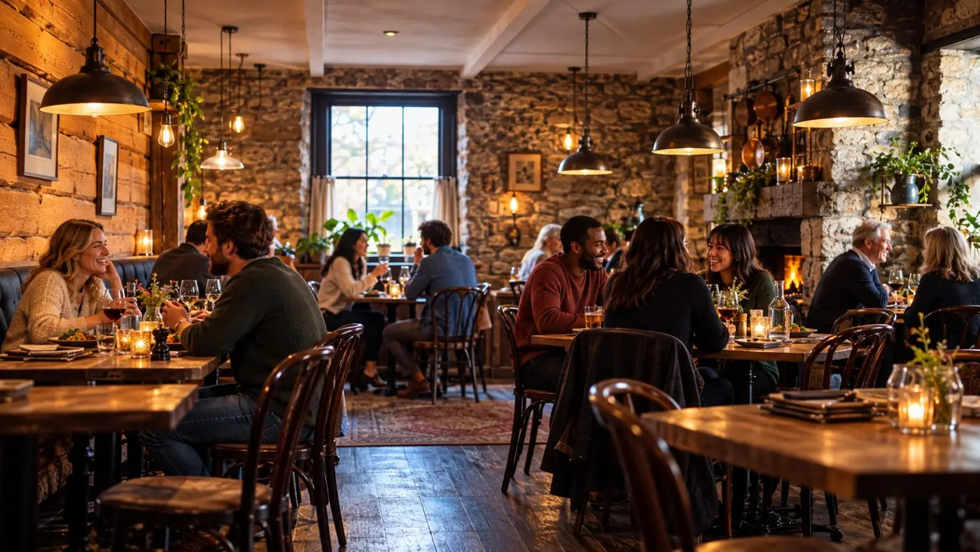 Guests dining in the stone-walled dining room