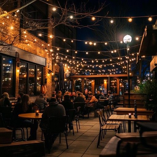 Courtyard patio under string lights at night